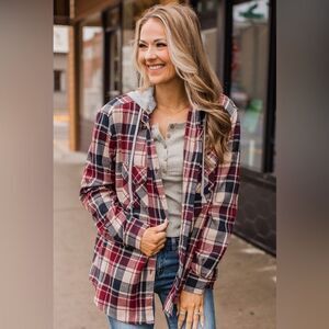 New PS Love Stay With Me Hooded Plaid Top- Taupe, Navy & Cranberry shacket large